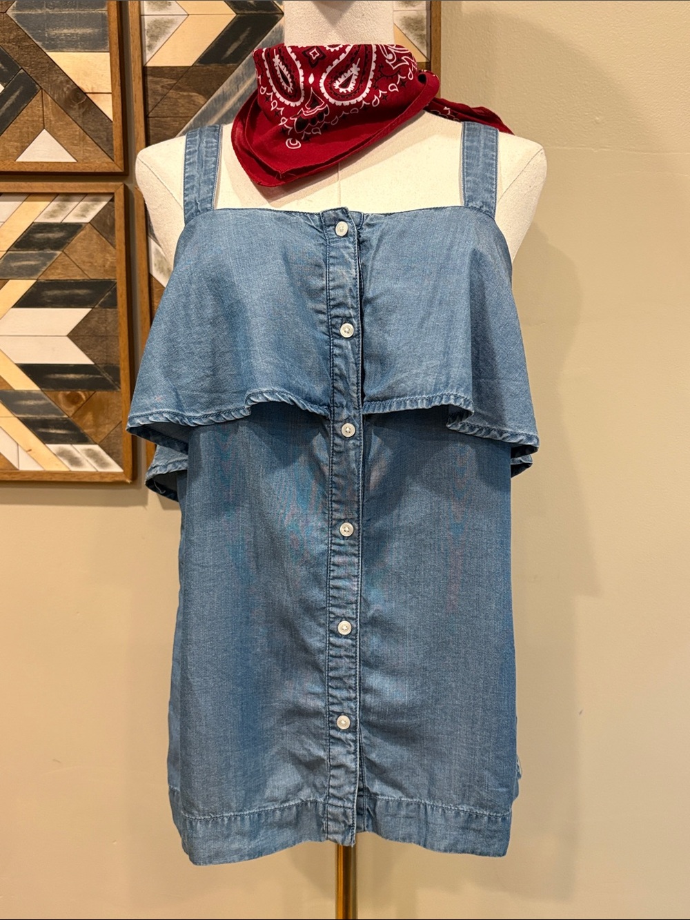 Blue Chambray Western Ruffled Bib Denim Tank Top Michael by Michael Kors XS